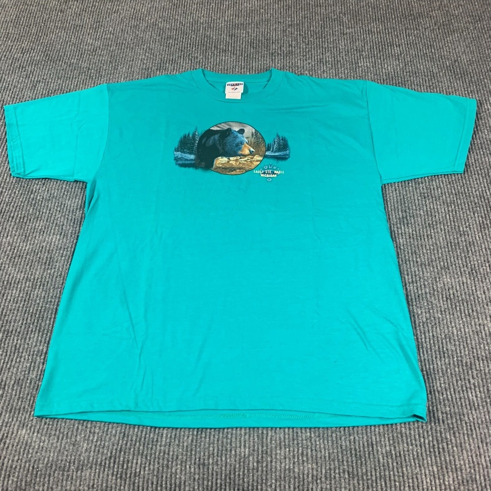 Jerzees T‎ Shirt Mens XL Green Cotton Blend Short Sleeve Bear Michigan Deadstock